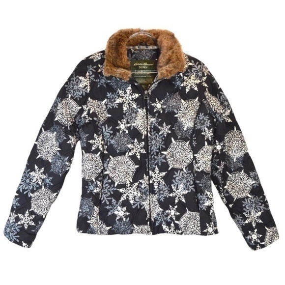 Eddie Bauer Goose Down Snowflake‎ Print Faux Fur Winter Jacket, Small - Picture 13 of 13
